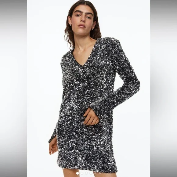 H&M | Dresses | Hm Black Silver Sequin Long Sleeve Dress Worn Once Euc |  Poshmark